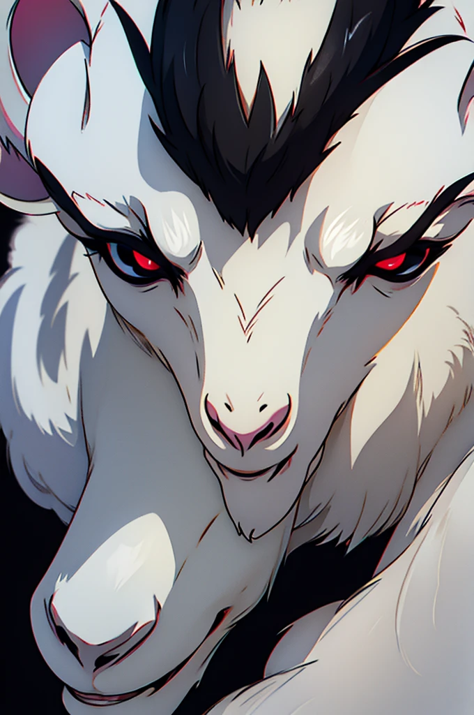 Evil white goat with a black background