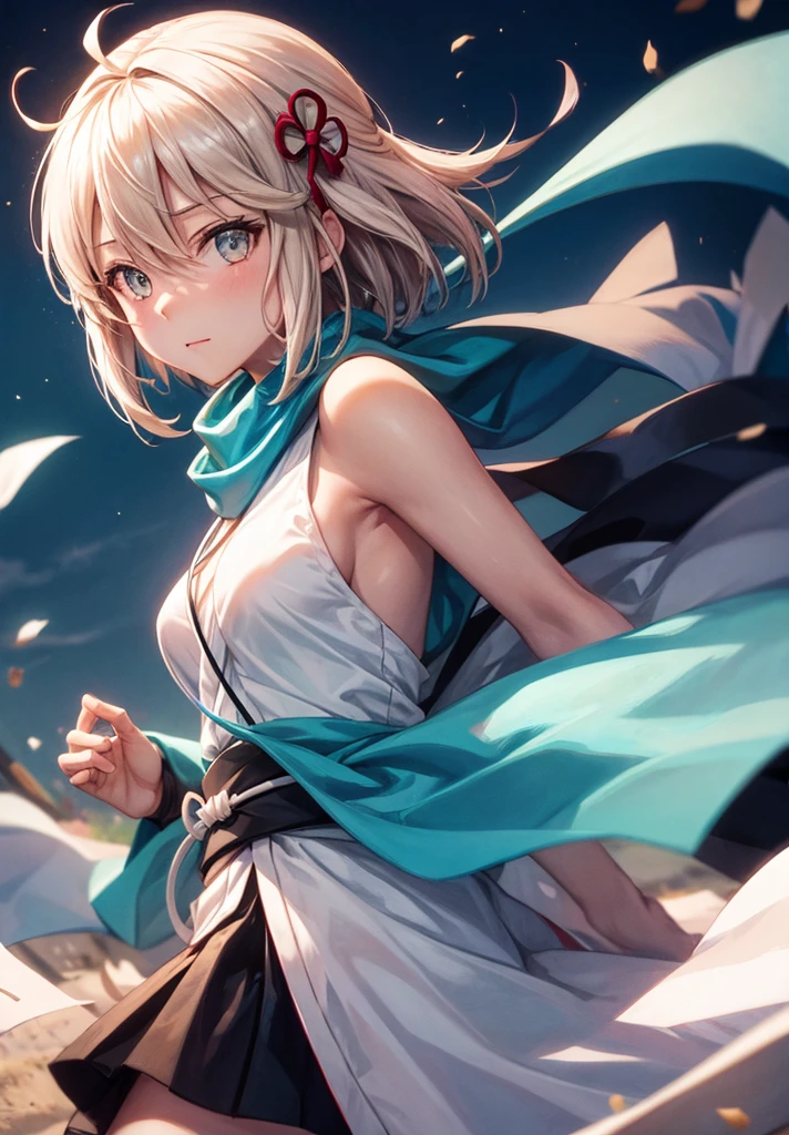 Best Quality, 1 girl, alone, okita_souji, white kimono, scarf, cowboy photography, outdoor, bare shoulders, bare shoulders, sleeveless, looking at the viewer,