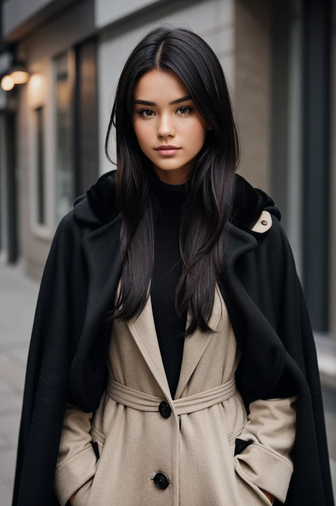 A professional image of a 25-year-old individual, half-body, dressed in a black coat. The background should be neutral to keep the focus on the subject. The subject should have a confident and approachable expression, with a well-groomed appearance.