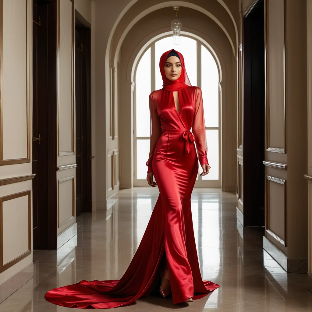 a woman in the translucent silk red gown, tight full body tied, satin sheet, nipple on, satin hijab, full body, double long satin, mermaid tight long gown, flowy dramatic long gown, tall women, walk in coridor, strugle to walk, wear high heels, masterpice 