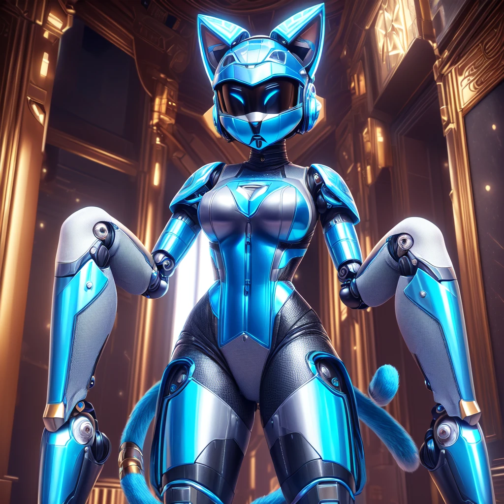 ((Beautifully detailed Ultra detailed robo cat costume woman with shiny blue knee length bodycon dress, she is wearing a beautiful detailed robotic helmet with cat ears)), ((ultra-detailed to the smallest detail, ultra realistic 8k graphics, Best quality))