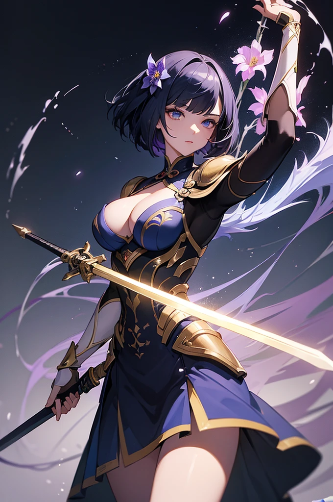 masterpiece, best quality, ultra detailed, 8K, no bad anatomy and fingers, super detailed skin, a divine illustration, science fiction, fighting pose, holding sword, cyborg beautiful girl, face like a Paris Collection model, asymmetrical bob cut with mesh, empty eyes, Iris flower motif gold and and violet dress armor by top designer,  elaborately designed clothes, anime and  action painting, forest and night sky, combining action painting and sumi-e art styles, cleavage cutout, spotlight, night, very detailed background