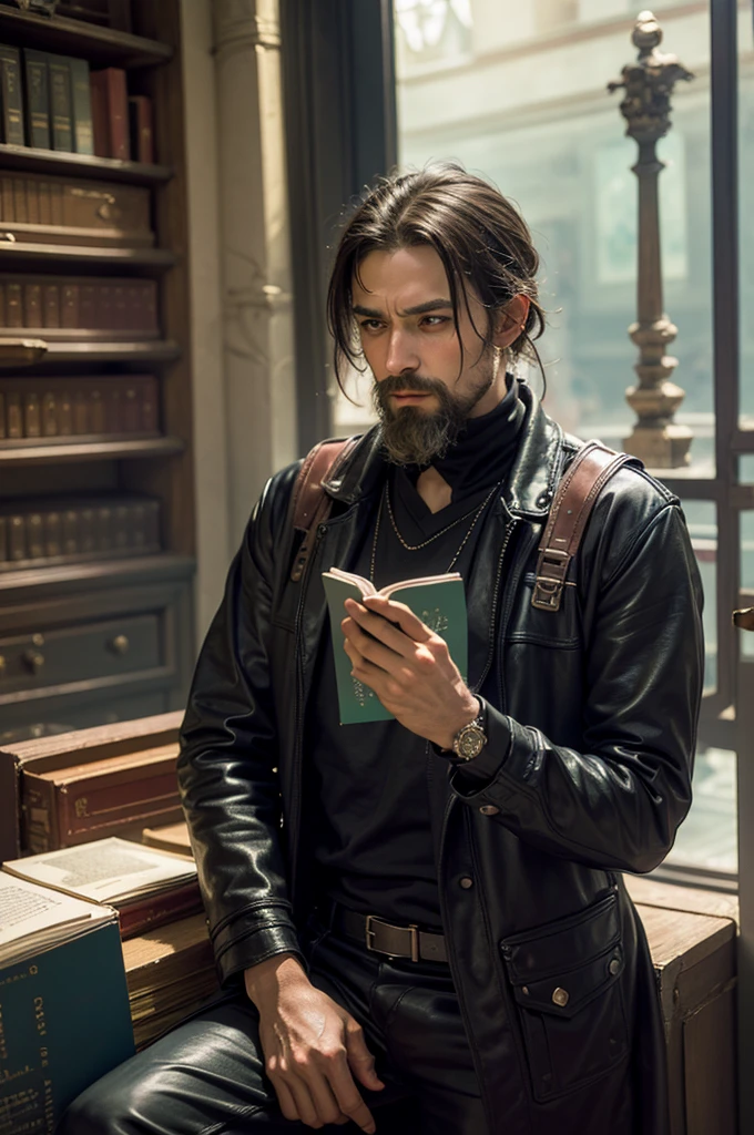 An old man Hermit have bearded sage, reading a book in an ancient library, optimistic, adventurous, cinematic lighting, dramatic skies, detailed facial features, detailed clothing, depth of field, photorealistic, highly detailed, 8k, masterpiece