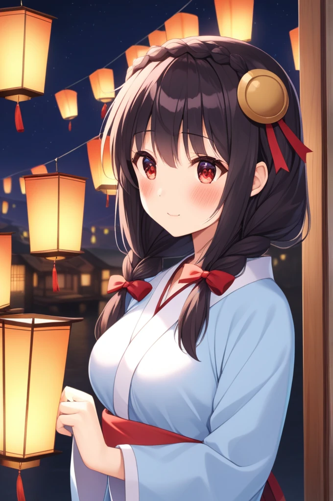 alone, One girl、Crown braids in the same color as your hair, hair ornaments, Hair Ribbon,(A light blue kimono with a red floral pattern and a red obi.)、Red Eyes、Black Hair、(blush:1.5)、Larger breasts、(Floating lanterns at night)