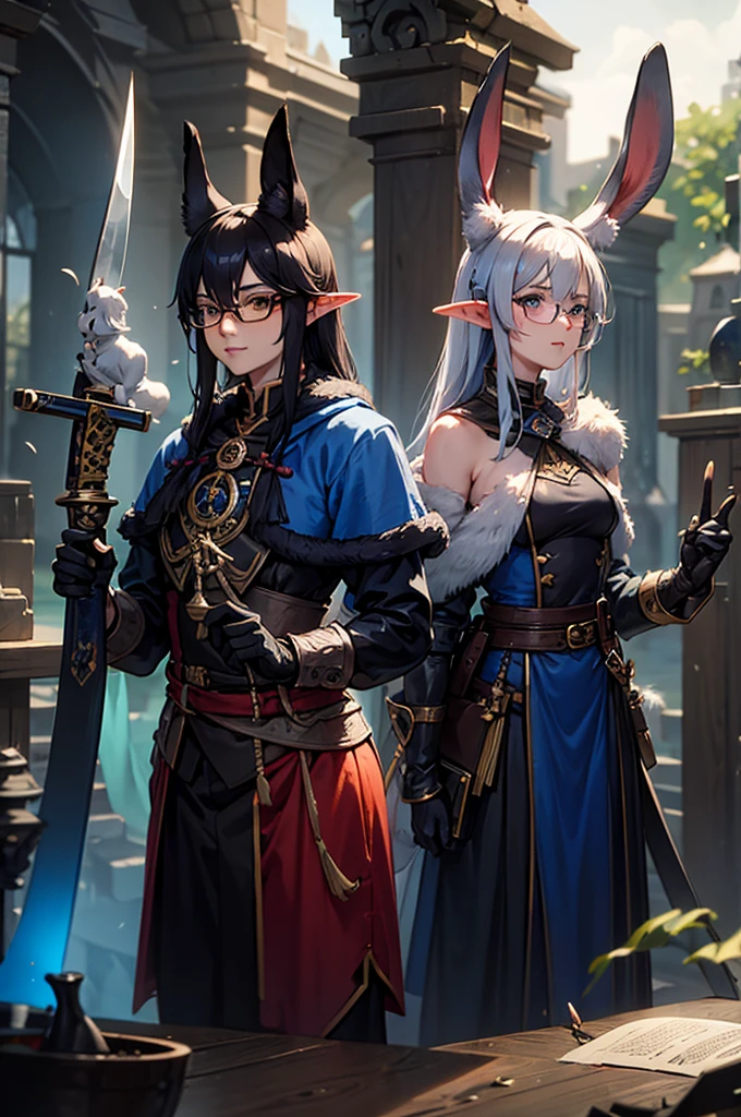 a rabbit with glasses with a book in one hand and a blue potion in the other hand, two elves with swords in their hands and a black fox with black glasses, a katana and oriental clothing.