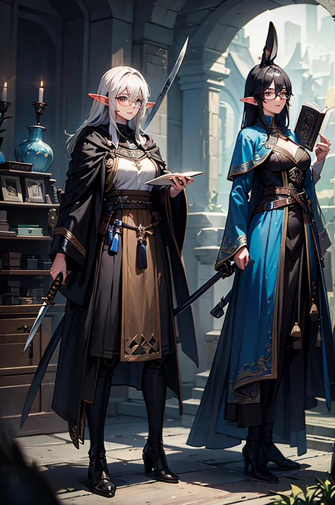 a rabbit with glasses with a book in one hand and a blue potion in the other hand, two elves with swords in their hands and a black fox with black glasses, a katana and oriental clothing.