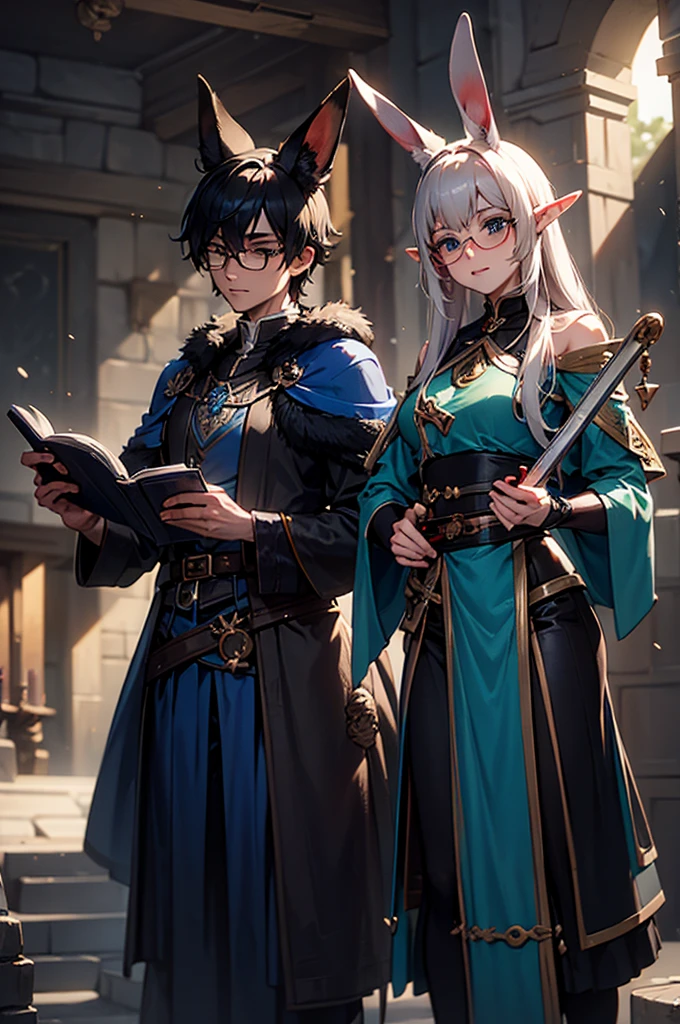 a rabbit with glasses with a book in one hand and a blue potion in the other hand, two elves with swords in their hands and a black fox with black glasses, a katana and oriental clothing.