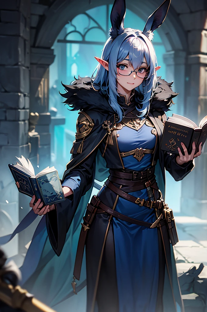 a rabbit with glasses with a book in one hand and a blue potion in the other hand, two elves with swords in their hands and a black fox with black glasses, a katana and oriental clothing.