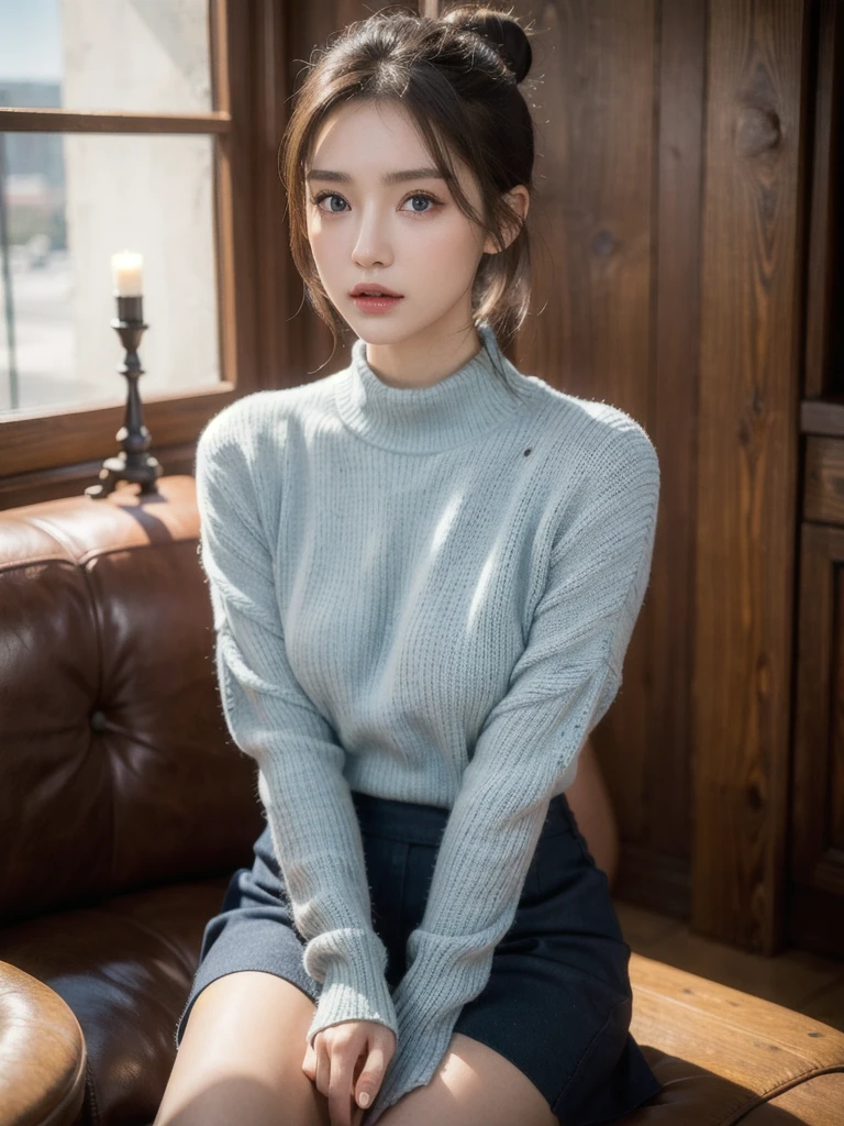 (((masterpiece, best quality,ultra-detailed,8k,high resolution))), (upper body),24 years old ,Japanese girl, 1girl, short hair, (Cover half face with a turtleneck sweater:1.8)