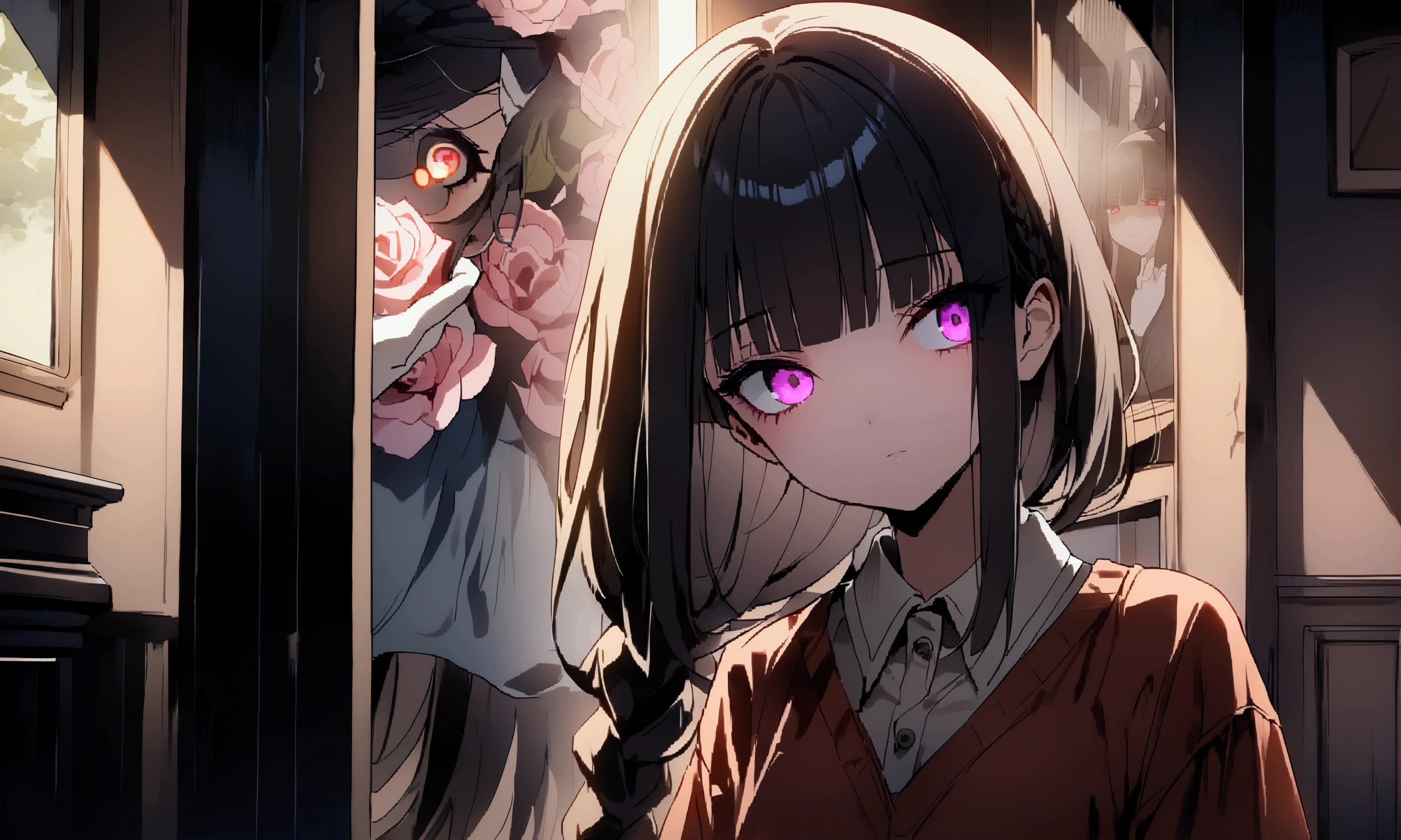 face down、Lewd Eyes、Scornful Eyes、front、super fine illustration,(((beautiful fine hair))),(((beautiful fine face))),(((beautiful fine background))),2人のgirl、Bobcut、Black Hair、Blunt Bangs、PC in the room、Horizontal composition、Step Piece、Highest quality、Best illustration、Super detailed、girl、Pink Rose Long Hair、Black Shirt、Pleated skirt、Side braided hair、crazy、standing with an eerie feeling、Ruined Background、Unusual sneakers、Eyeshadow on eyes、Unusual eye color、Eyes of Terror、Bright eyes、Cool Shot