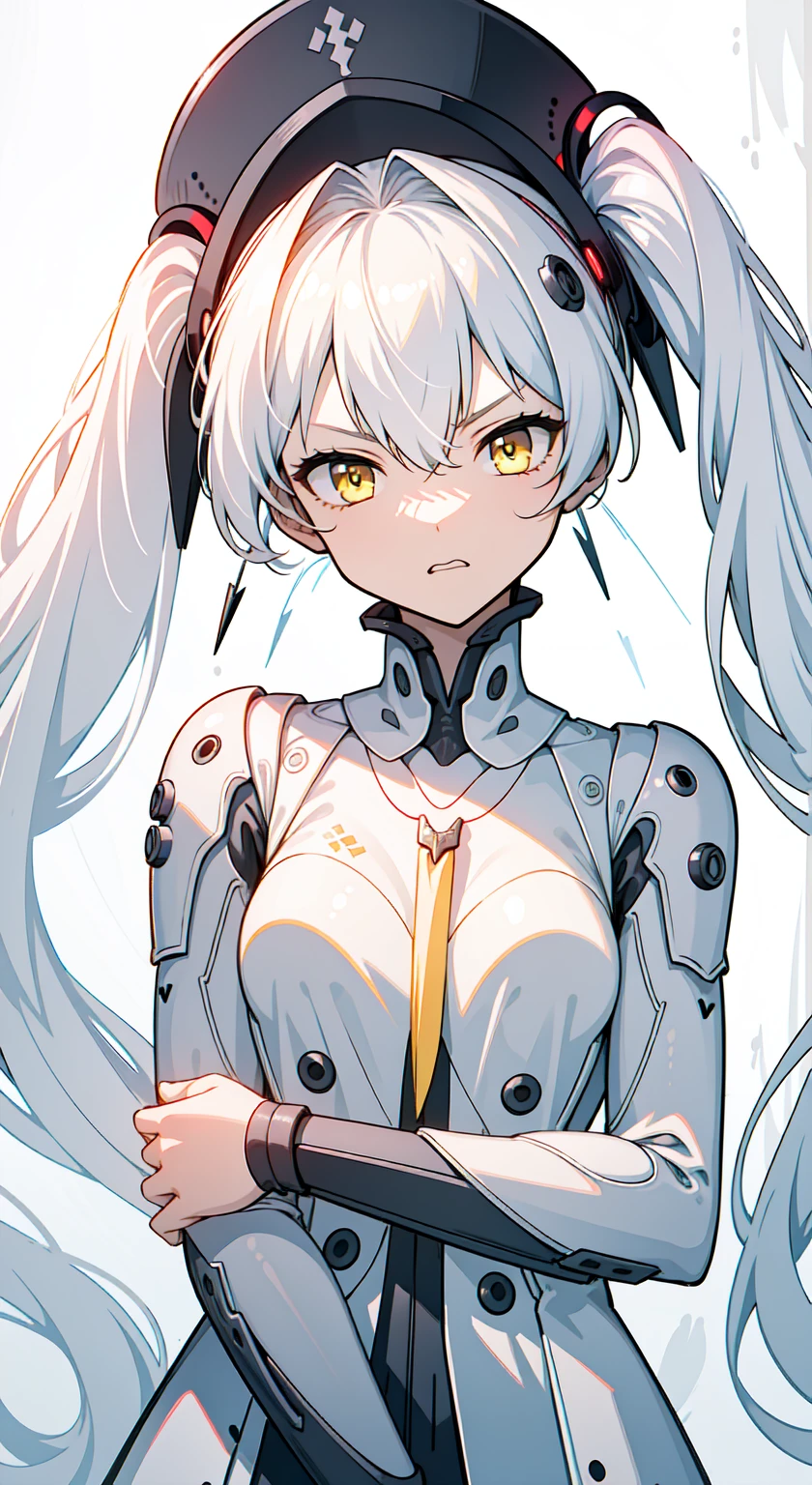 (masterpiece, best quality, Ultra-high quality:1.1), (From below), official, close up, 1 Girl, Solitary, Sci-fi Girl, Long hair young man, Platinum White Hair, Very long twin tails, Hair between the eyes, Yellow eyes, Small Breasts, , neutral, Pouting, Proud, angry, White clothes,  doll, Tights, hat, Flowing hair accessories, Upper Body, Lean forward, Hands on knees, (Upper Body, Volumetric Lightning), White background, Simple background