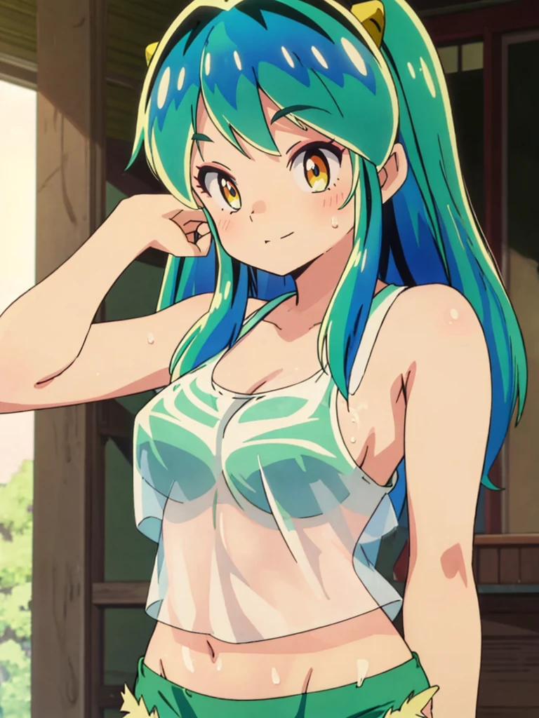 masterpiece, Highest quality, 1 Girl, Lum, Tank top, hot pants, Sweating, Wiping away sweat,anime, From before, blush, Embarrassing, Taking a break, Mature, 18-year-old, Smile, Tokyo, High definition, Green Hair, See-through
