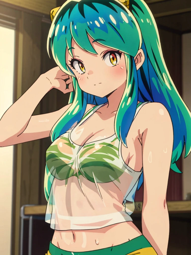 masterpiece, Highest quality, 1 Girl, Lum, Tank top, hot pants, Sweating, Wiping away sweat,anime, From before, blush, Embarrassing, Taking a break, Mature, 18-year-old, Smile, Tokyo, High definition, Green Hair, See-through