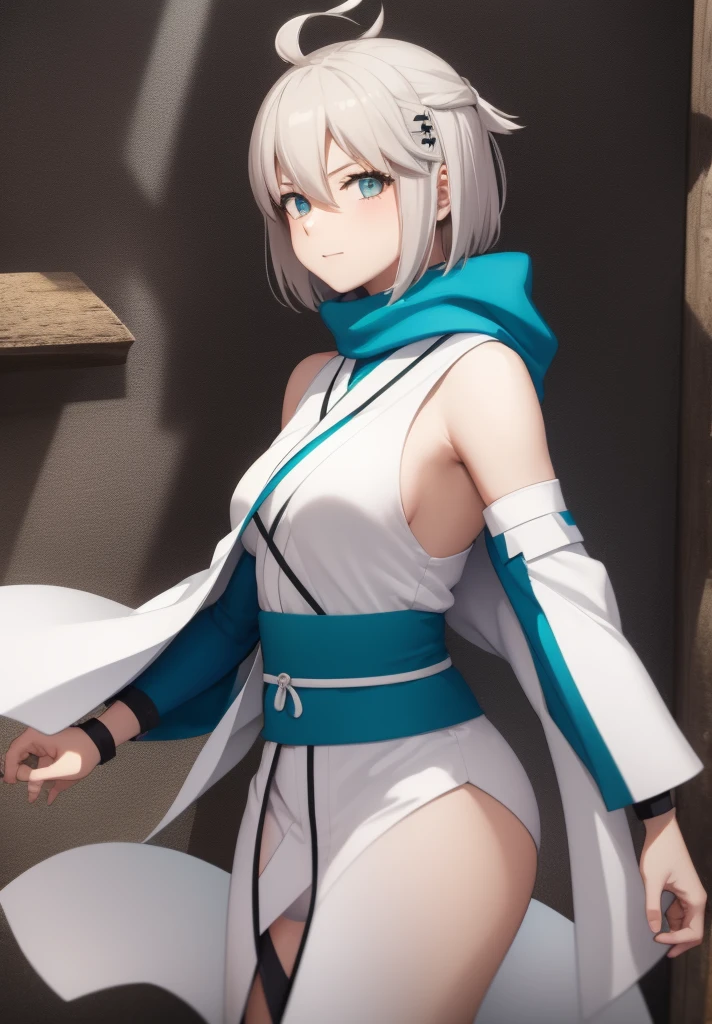 Best Quality, 1 girl, alone, okita_souji, white kimono, scarf, cowboy photography, outdoor, bare shoulders, bare shoulders, sleeveless, looking at the viewer,