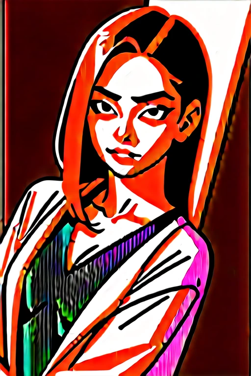 A vibrant, cinematic portrait of a young woman with striking, expressive features. Her face is a kaleidoscope of bold, vivid colors and dynamic brushstrokes, evoking a sense of raw emotion and artistic flair. The composition is visually captivating, drawing the viewer into the subject's intense, piercing gaze. The overall effect is one of energy, mystery, and a touch of the surreal, creating a truly mesmerizing and unforgettable image.