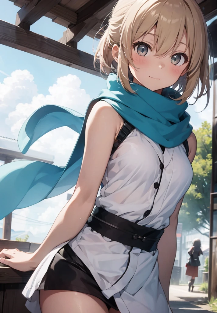 Best Quality, 1 girl, alone, okita_souji, white kimono, scarf, cowboy photography, outdoor, bare shoulders, bare shoulders, sleeveless, looking at the viewer,