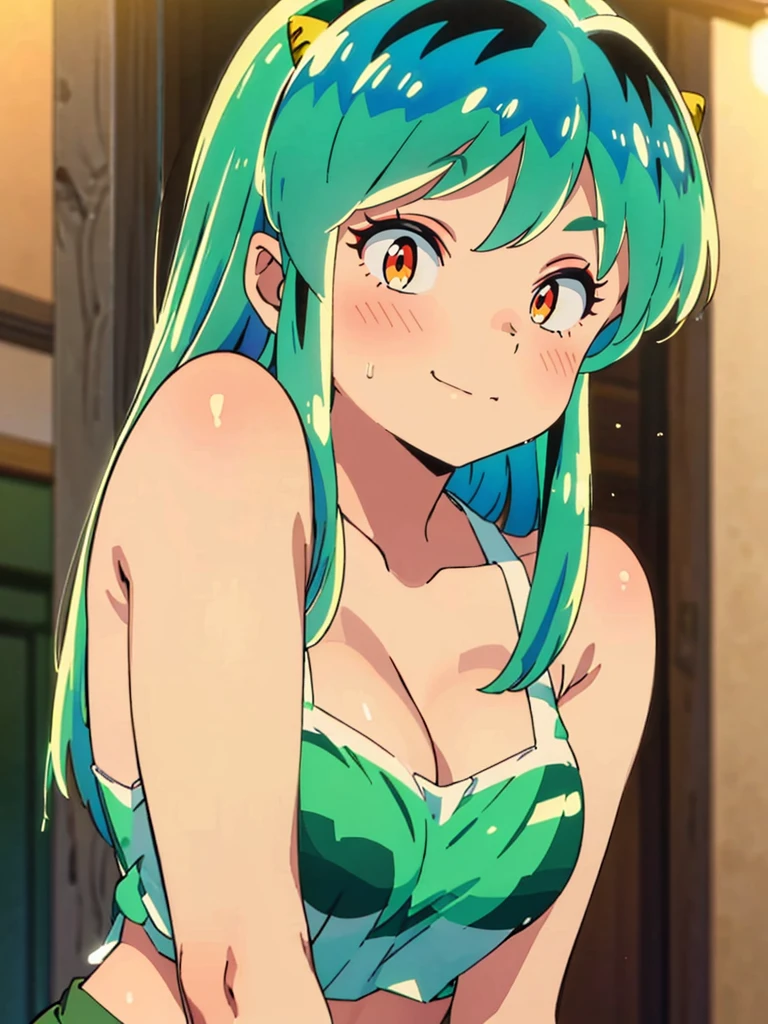 masterpiece, Highest quality, 1 Girl, Lum, Tank top, hot pants, Sweating, Wiping away sweat,anime, From before, blush, Embarrassing, Taking a break, Mature, 18-year-old, Smile, Tokyo, High definition, Green Hair, See-through