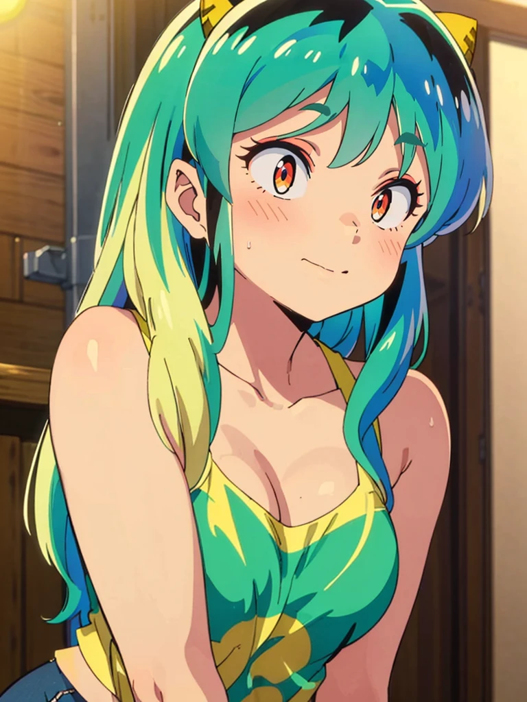 masterpiece, Highest quality, 1 Girl, Lum, Tank top, hot pants, Sweating, Wiping away sweat,anime, From before, blush, Embarrassing, Taking a break, Mature, 18-year-old, Smile, Tokyo, High definition, Green Hair, See-through