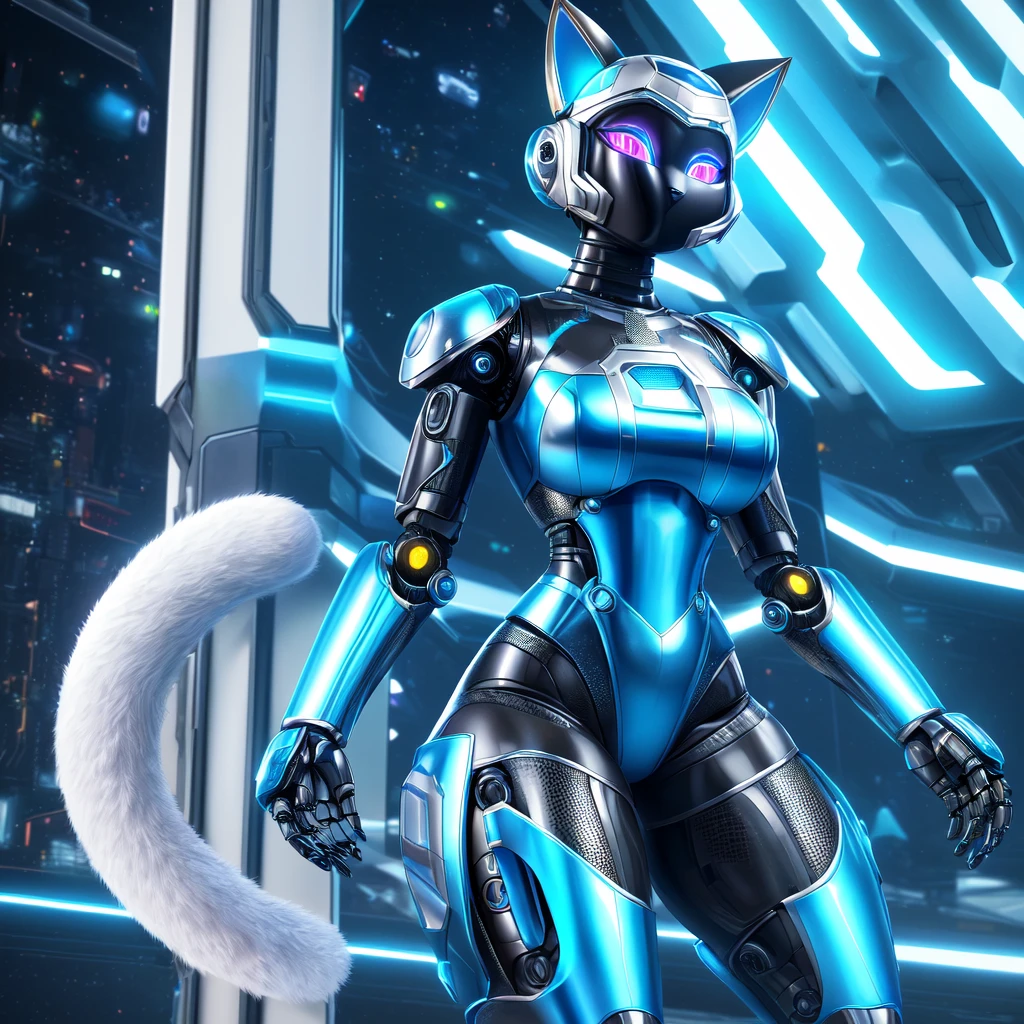 ((Beautifully detailed Ultra detailed robo cat costume woman with shiny blue knee length bodycon dress, she is wearing a beautiful detailed robotic helmet with cat ears)), ((ultra-detailed to the smallest detail, ultra realistic 8k graphics, Best quality))