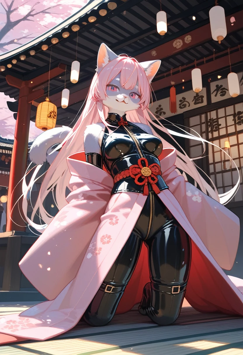 Highest quality, Highest quality, High quality illustrations, masterpiece, Ultra-high resolution, Detailed Background, Kyoto, Festivals, Absurd, Perfect Anatomy, performance, Good lighting, Shadows in the movies(kemono, Furry PersonifiCation), Cat, Long Hair, Pink Kimono, latex, rubber