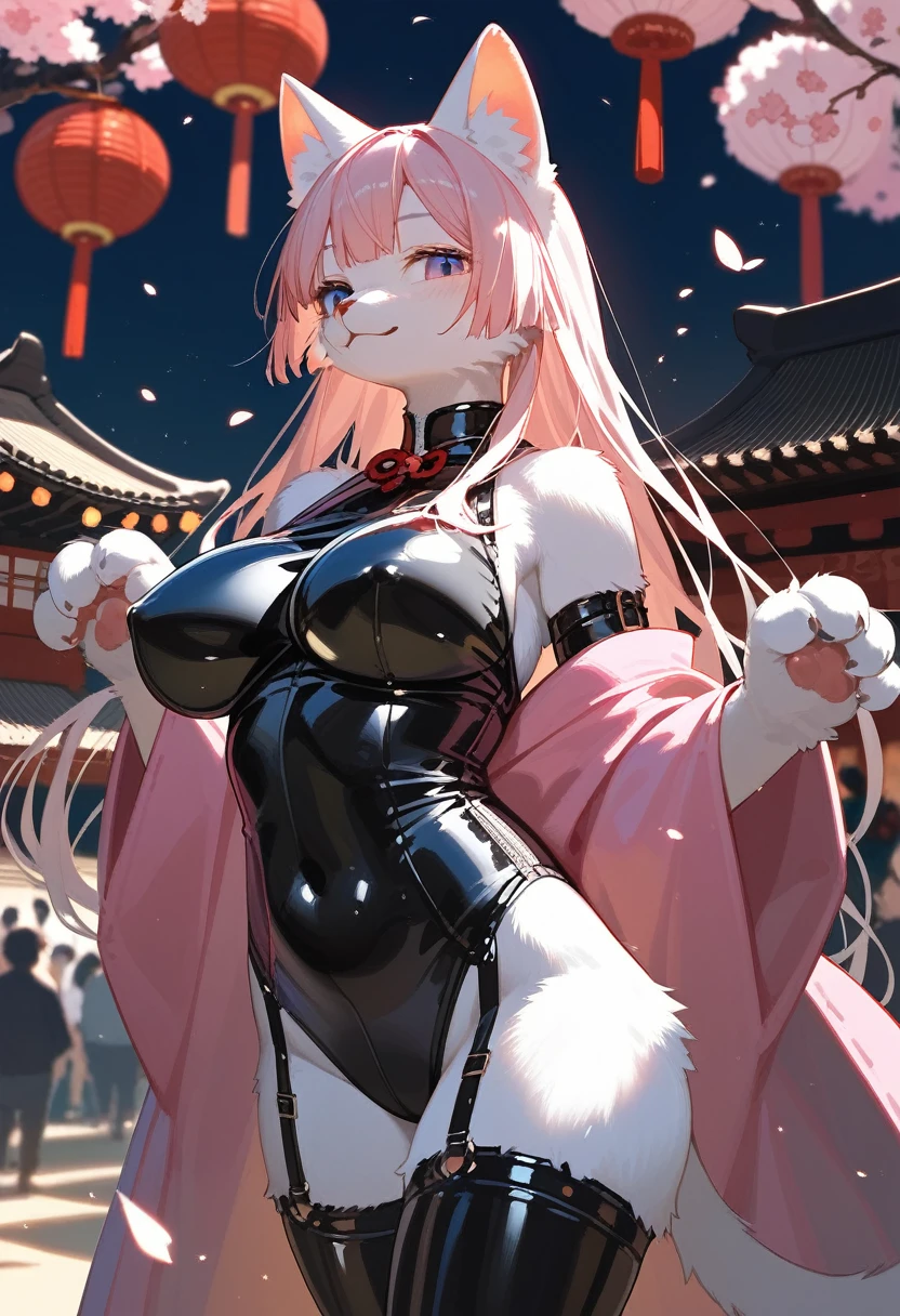 Highest quality, Highest quality, High quality illustrations, masterpiece, Ultra-high resolution, Detailed Background, Kyoto, Festivals, Absurd, Perfect Anatomy, performance, Good lighting, Shadows in the movies(kemono, Furry PersonifiCation), Cat, Long Hair, Pink Kimono, latex, rubber