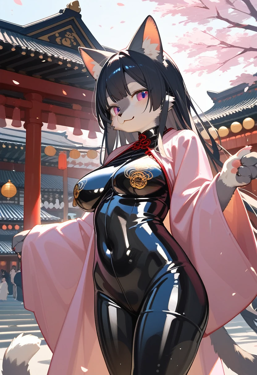 (Fox Girl, Fox Ears, Black colored hair, Fox Makeup, One Girl, Long Hair:1.2), (kimono, Kimono with open chest, A beautiful kimono with red and black patterns, I can see her cleavage, Open chest, Exposed skin:1.8), (Body size is 100-70-90!, Nice body, Big Breasts, Soft breasts, Emphasize cleavage, Thighs are slightly visible, Muscular, Abdominal muscles, Grab your own chest:1.4), Avatar, face, lewd face, Dominant representation, naughty face, Uplifting, Skin Texture, outside, Grassy field