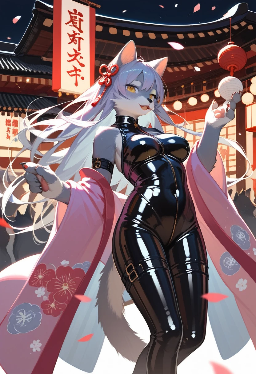 Highest quality, Highest quality, High quality illustrations, masterpiece, Ultra-high resolution, Detailed Background, Kyoto, Festivals, Absurd, Perfect Anatomy, performance, Good lighting, Shadows in the movies(kemono, Furry PersonifiCation), Cat, Long Hair, Pink Kimono, latex, rubber