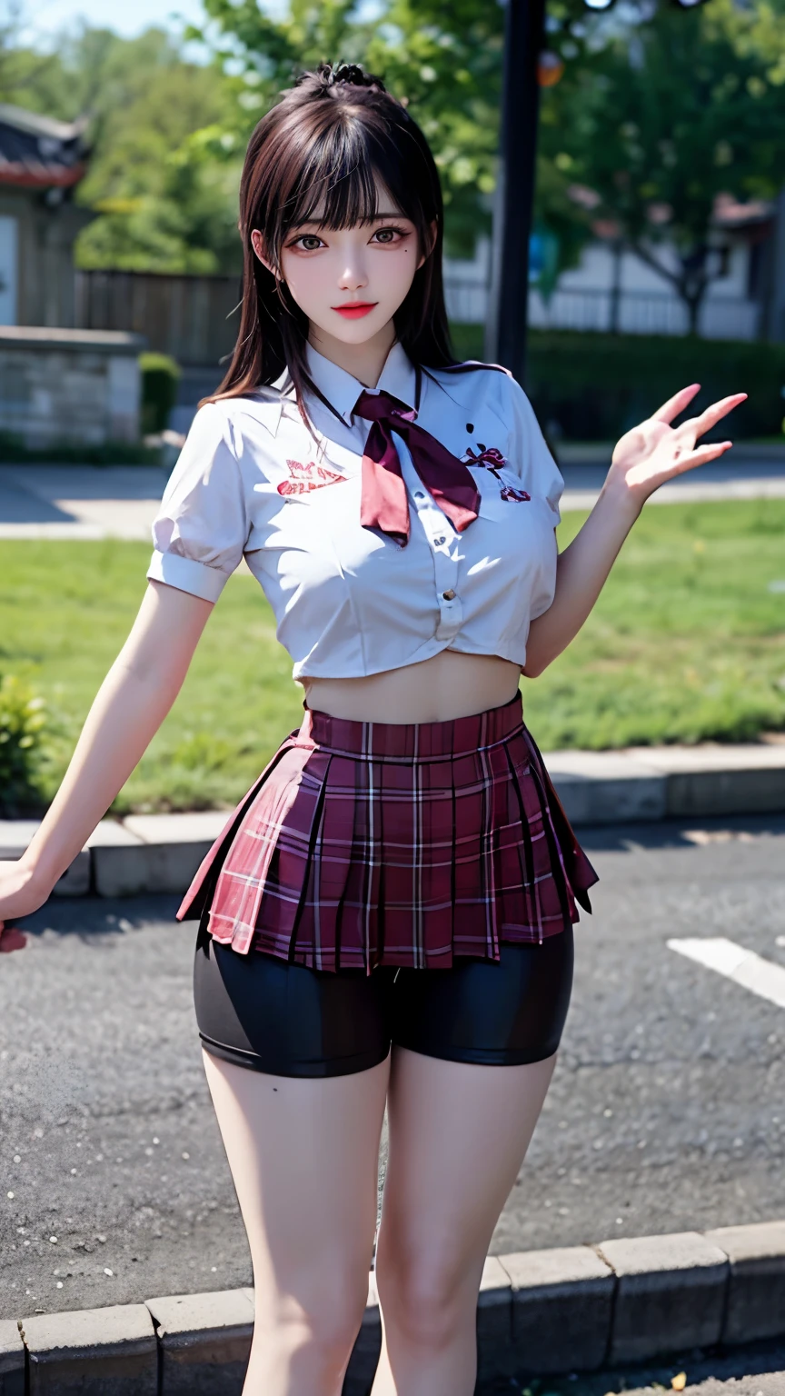 （Very delicate and beautiful：1.2）super model,,Big Breasts,Beautiful breasts,voluptuous,【bike shorts】,,【3girls】,,Highest quality, High resolution, 8k,Kick in a hurry,mini skirt.uniform