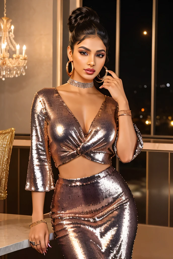 Create an ultra-realistic image of a modern, attractive female influencer of Indian descent, aged between 27 to 30. She should have a warm and inviting smile, expressive almond-shaped eyes with a slight shimmer, and clear, glowing skin with a medium brown complexion. Her features should be well-defined, with high cheekbones and a sharp jawline. Her hair should be long, thick, and wavy, with a natural shine and bounce, styled in an intricate updo with curls and volume, in a deep, reddish-purple hue that’s bold yet sophisticated. She should have a slender yet athletic build with a medium bust size (40-42 inches), reflecting a healthy and active lifestyle.
She is wearing a fitted sequin dress in colors like silver, gold, or rose gold that highlights her toned figure. Her outfit is completed with stylish black heeled sandals that add elegance to her look. She accessorizes with subtle yet chic jewelry, such as small hoop earrings and a few thin bangles.
The background should be a glamorous event hall with sparkling lights and stylish interiors, suggesting a cosmopolitan lifestyle. Her overall appearance should exude confidence, approachability, and sophistication, capturing the essence of a contemporary Indian fashion influencer.