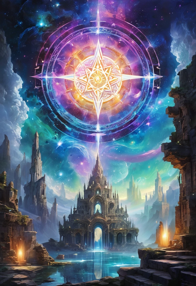 Floating ruins, Cracked texture, Glowing lights, Mysterious atmosphere, Surrealist art style, Vibrant colors, Ethereal Beauty, Dreamlike scenery, Magic Essence, Celestial Bodies, Drifting, Cosmic Energy, Charming aura, unforgettably beautiful, Otherworldly existence, Mysterious atmosphere, Transcendental Experience, Surrealist elements, Intricate details, Sacred symbol, eternal, Mysterious charm