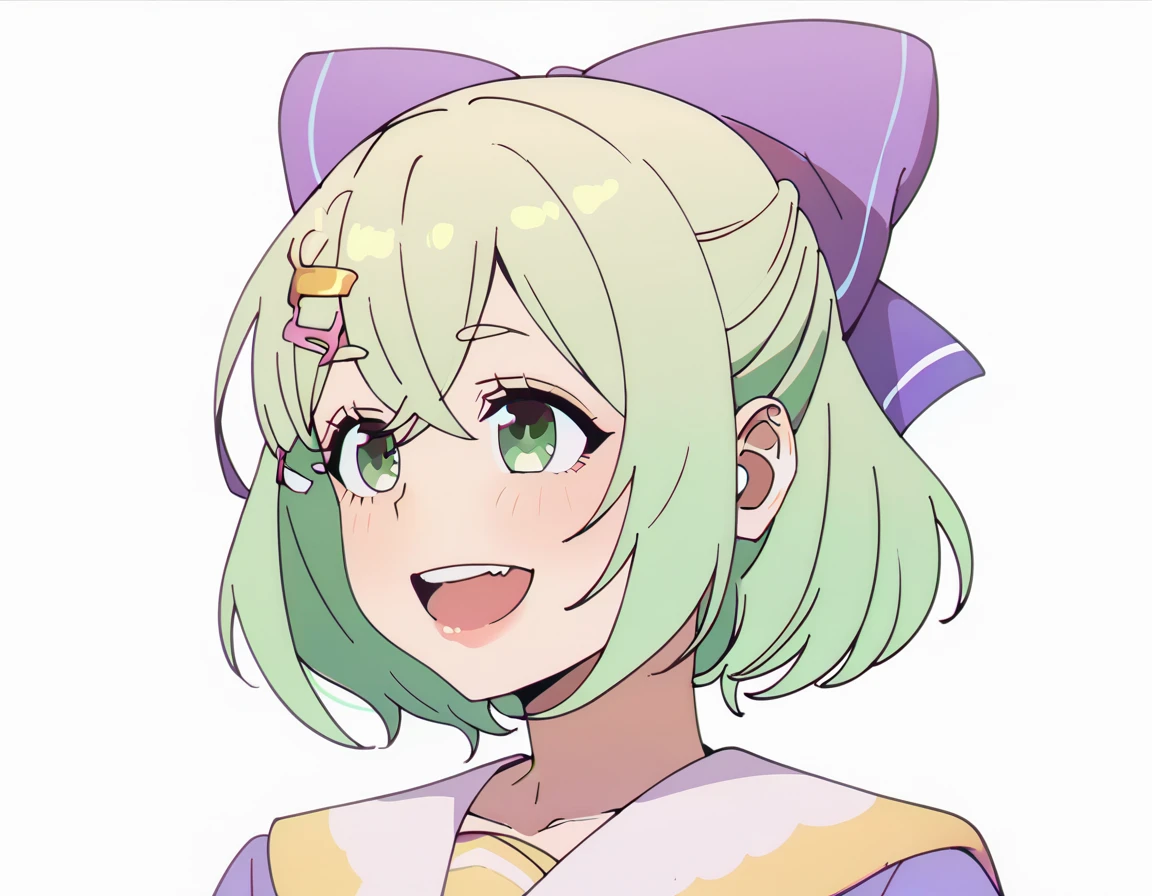 score_9, score_8_up, score_7_up, 1girl, short green hair, green eyes, purple bow headdress, hair clip, purple and yellow sailor collar, sailor suit, nerdy hairstyle. Green bow girl with crossed bangs. Short hair, close-up, bust, facial close-up, Akimbo, female.laugh，***********，****ta