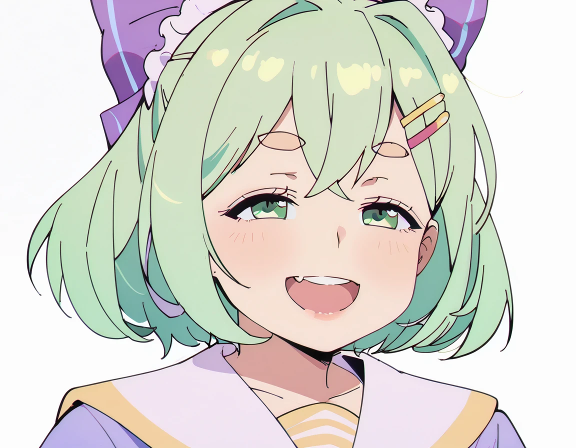 score_9, score_8_up, score_7_up, 1girl, short green hair, green eyes, purple bow headdress, hair clip, purple and yellow sailor collar, sailor suit, nerdy hairstyle. Green bow girl with crossed bangs. Short hair, close-up, bust, facial close-up, Akimbo, female.laugh，***********，****ta