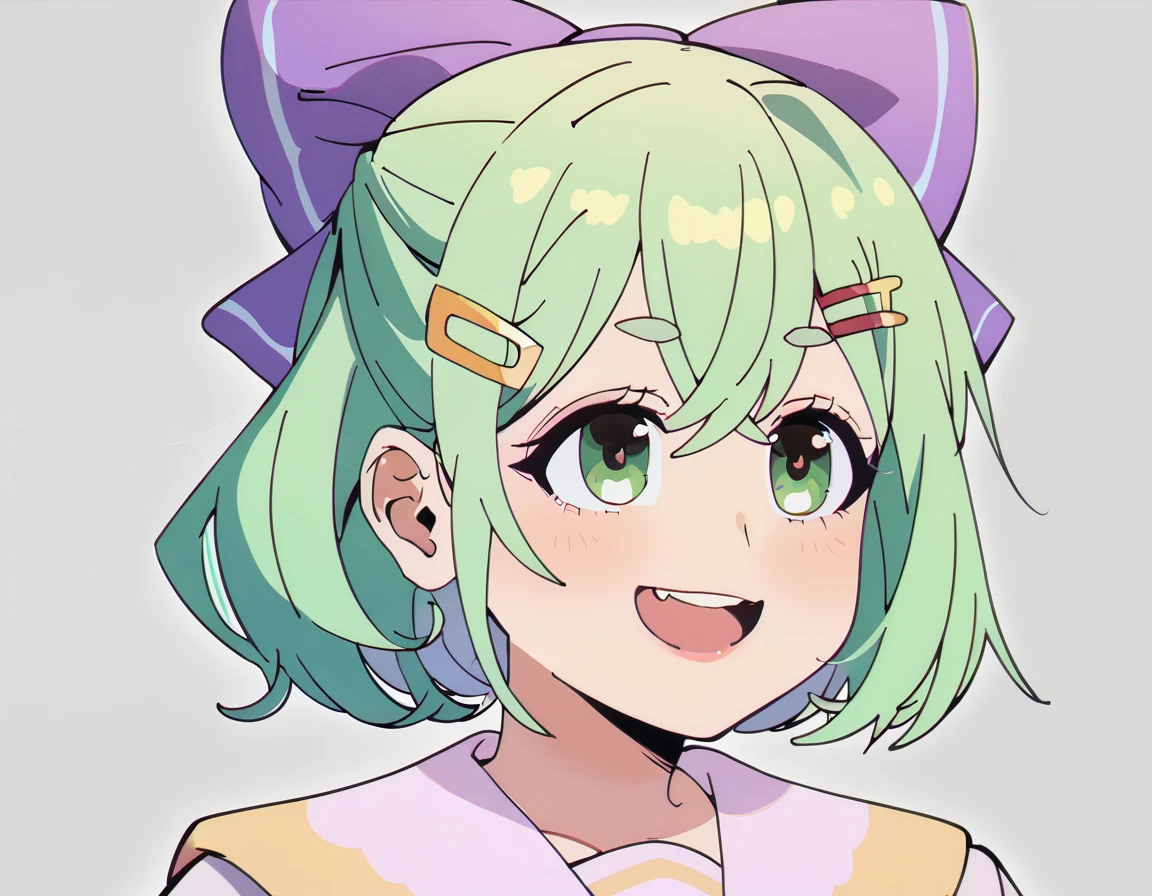 score_9, score_8_up, score_7_up, 1girl, short green hair, green eyes, purple bow headdress, hair clip, purple and yellow sailor collar, sailor suit, nerdy hairstyle. Green bow girl with crossed bangs. Short hair, close-up, bust, facial close-up, Akimbo, female.laugh，***********，****ta