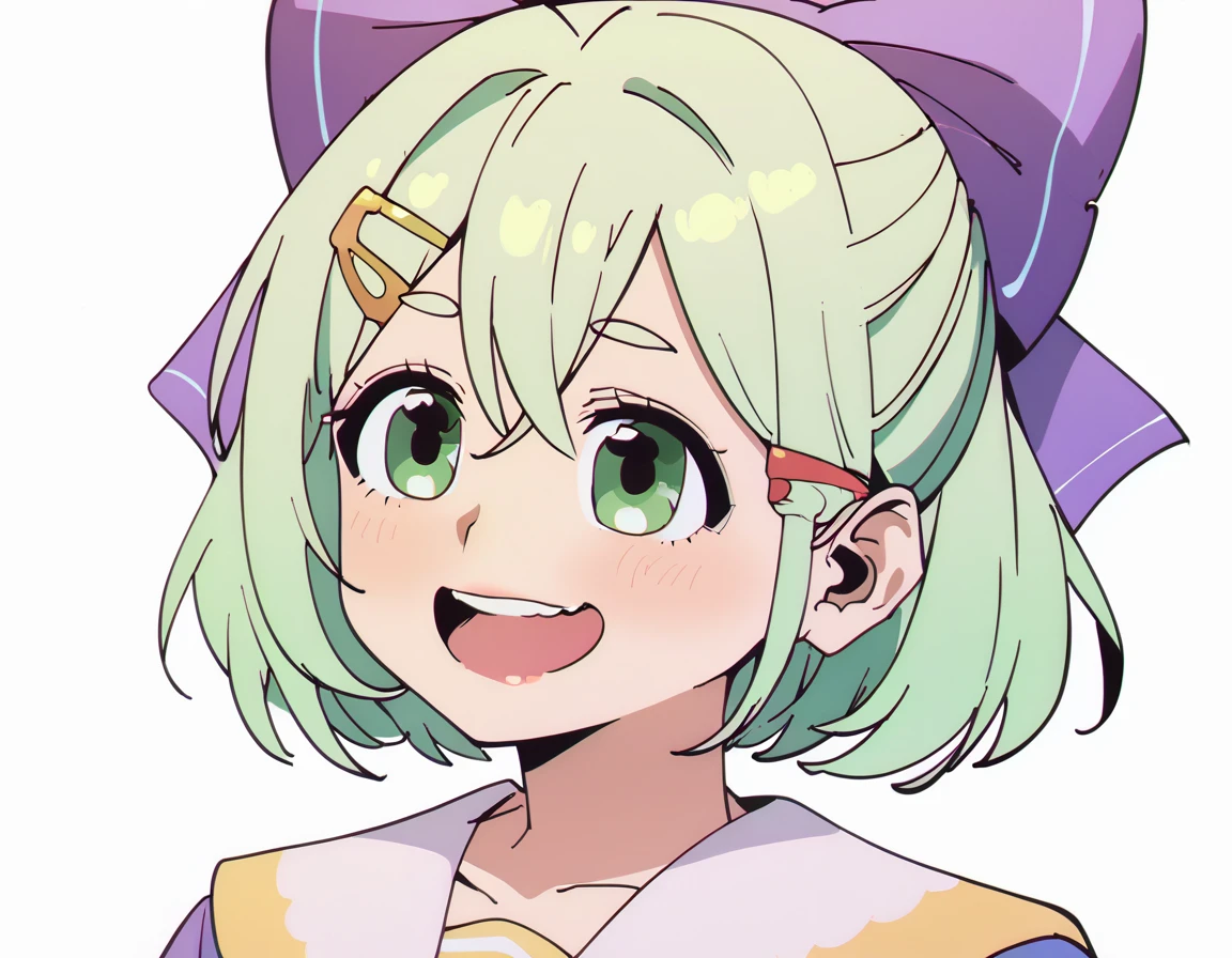 score_9, score_8_up, score_7_up, 1girl, short green hair, green eyes, purple bow headdress, hair clip, purple and yellow sailor collar, sailor suit, nerdy hairstyle. Green bow girl with crossed bangs. Short hair, close-up, bust, facial close-up, Akimbo, female.laugh，***********，****ta