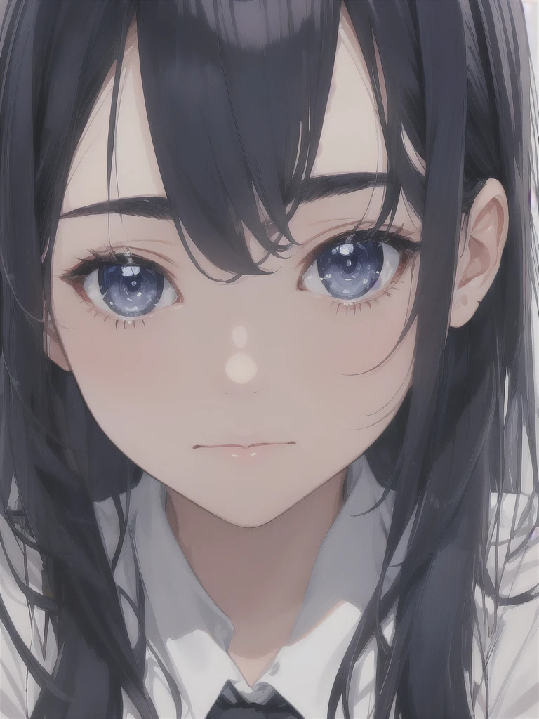 masterpiece, best quality, ultra-detailed, illustration, close-up, straight on, emotionless face, female, dark blue hair, black eyes, long hair, wearing a office suit, a 22 years old girl, blank background, hide hands.