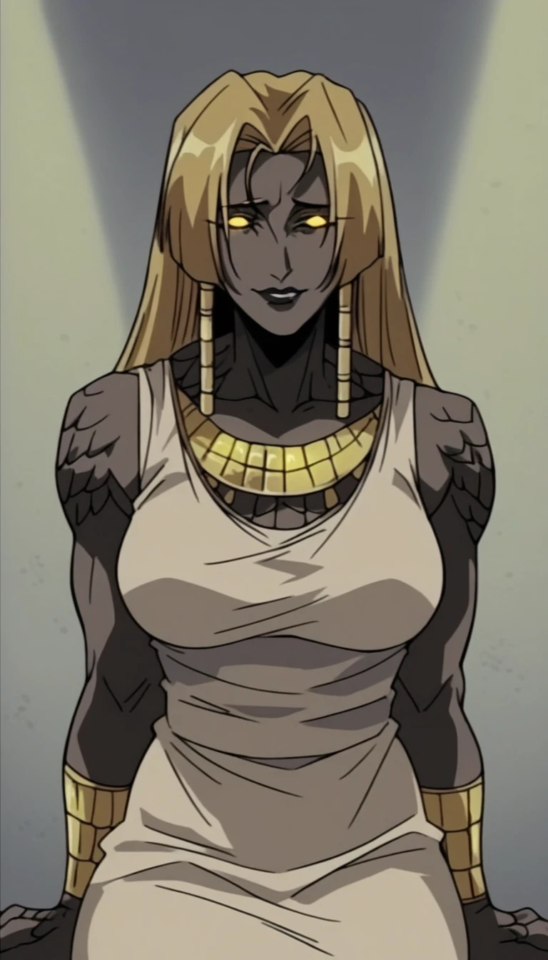 black buff strong woman character, muscle arms, muscle body, buff body, tall woman, black skin, full black skin, strong arms, long fringe hair, blonde hair, blonde fringe hair, fringe hair, dragon scales in body, black lips, egypt hair, milf, night, yellow lights, sit, scales, mature woman, beige dress, golden panties, scale in arms, shy smile