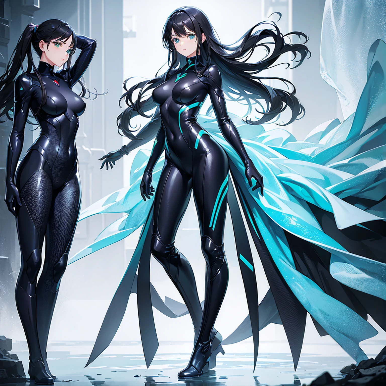 ((Full body photo, standing, feet on the ground)) 3 girls, highest quality, boots, Realistic、feminine、American、zoom、cute、Green eyes、Black hair、long hair、Blue hero suit、Accents gold in suits、Shiny bodysuit、Ocean
