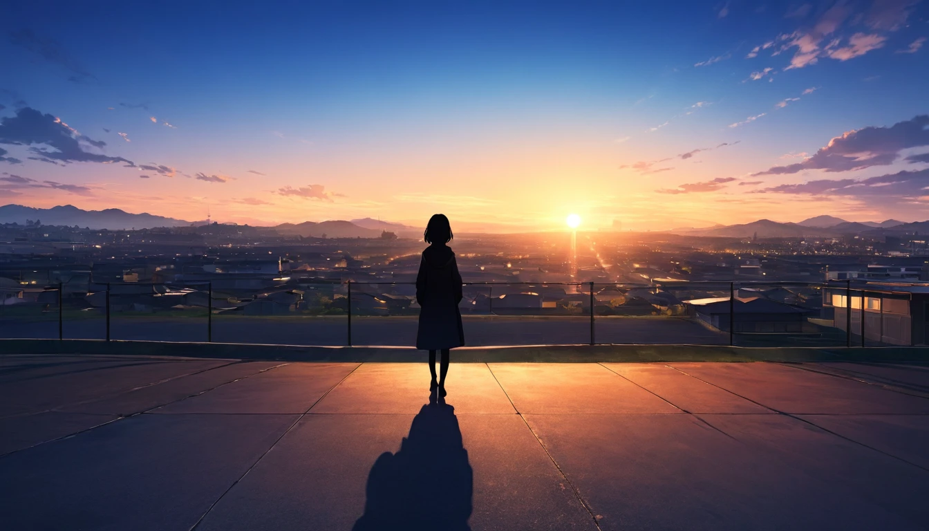 a tranquil sunset over a suburban city, the silhouette of a person's shadow cast on the ground, no people present, anime art style, highly detailed, 8k, realistic, photorealistic, masterpiece, vibrant colors, warm lighting, cinematic composition, moody atmosphere, soft focus, intricate details, stunning scenery, breathtaking, dramatic sky, glowing horizon