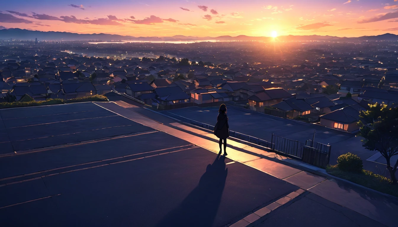 a tranquil sunset over a suburban city, the silhouette of a person's shadow cast on the ground, no people present, anime art style, highly detailed, 8k, realistic, photorealistic, masterpiece, vibrant colors, warm lighting, cinematic composition, moody atmosphere, soft focus, intricate details, stunning scenery, breathtaking, dramatic sky, glowing horizon