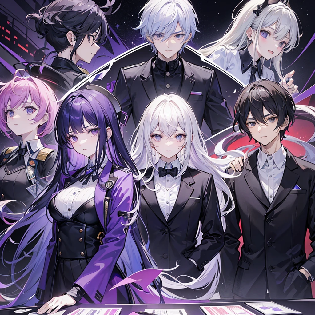 In one image divided into four sections, an architect male, a logician female, a commander female, and a debater male appear, each in distinctive poses against a unified backdrop with shades of purple.