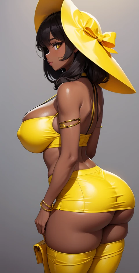 girl with big breasts, with exotic yellow clothing, dark ebony skin, round and big butt