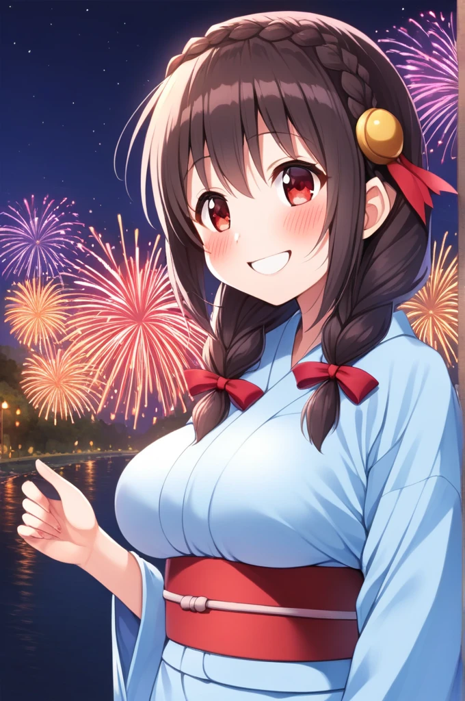 alone, One girl、Crown braids in the same color as your hair, hair ornaments, Hair Ribbon,(A light blue kimono with a red floral pattern and a red obi.)、Red Eyes、Black Hair、(A very happy and wonderful smile:1.5)、(blush:1.5)、Larger breasts、The background is a night river and fireworks、Side view