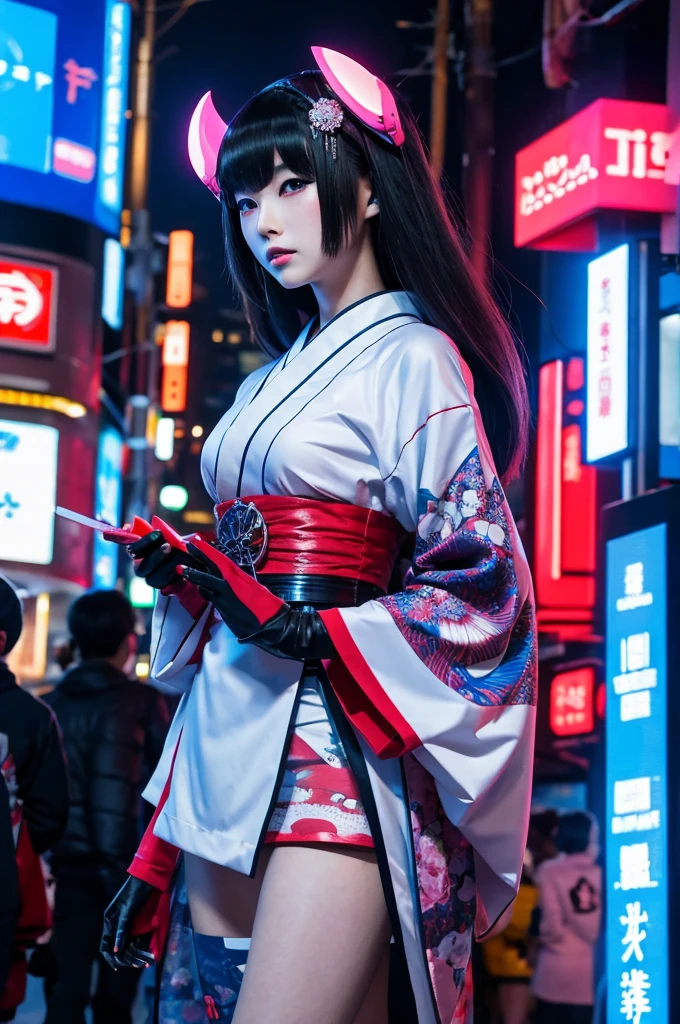 A futuristic Japanese geisha wearing cyberpunk electronic gear