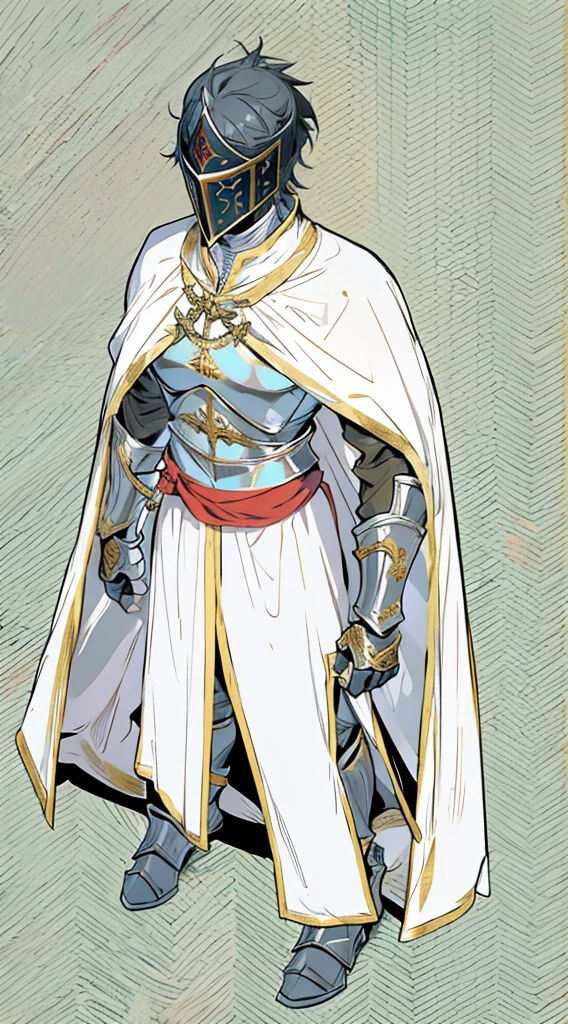 Templar warrior in armor, wearing armor and a white skirt, he also wears a cloak with gold borders