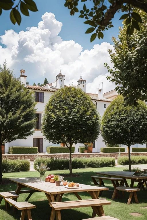 Create a garden in Spain, big fit ass, with apple trees in the background and picnic tables, on a cloudy day, on average, around 15 degrees