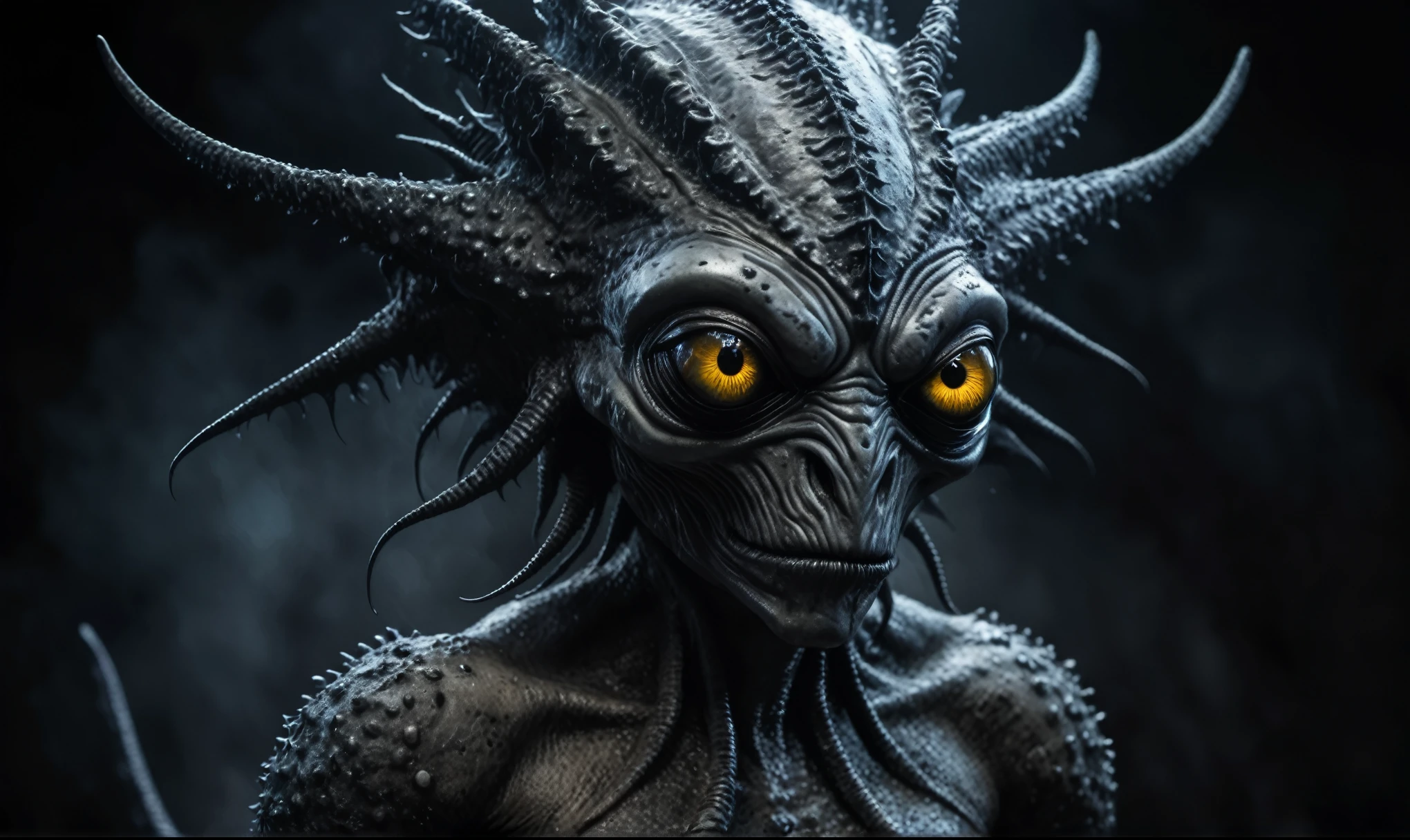 full body length shot,nerd graphite  Alien Entity,native africa slave ,azctec Finnish Lapland,Cinematic,soft colors, Technicolor,natural skin textures, hyper realism, hyper detailed,Extremely detailed,High contrast,Masterpiece,Realistic,Ultra Detailed, intricate details,realistic humid leather,extremely intricate details,Epic Realistic, cinematic style, irina yermolova,high contrast,hdr,extremely detailed, [deep night landscape],masterpiece, intricate details, eyes extremely detailed, high detailed eyes,8k resolution,retina, Nikon Z9,Korea,orc,Egypt, Pisces, transition between two art styles,full body length, Double contact, X-ray, Creative, vivid light, fantasy, Abstract, Surrealism, super detailed, high resolution,insanity national folk wear,skin  almost translucent, gothic elements,Mestichino,Light particles,chaos,starfish's leather,"(The best lighting, dark, dramatic),(alien troll half-skull fetus, Hellraiser, Scars, , poison brain, , a rat inside the head, terror.),(fish eyes, calaveras