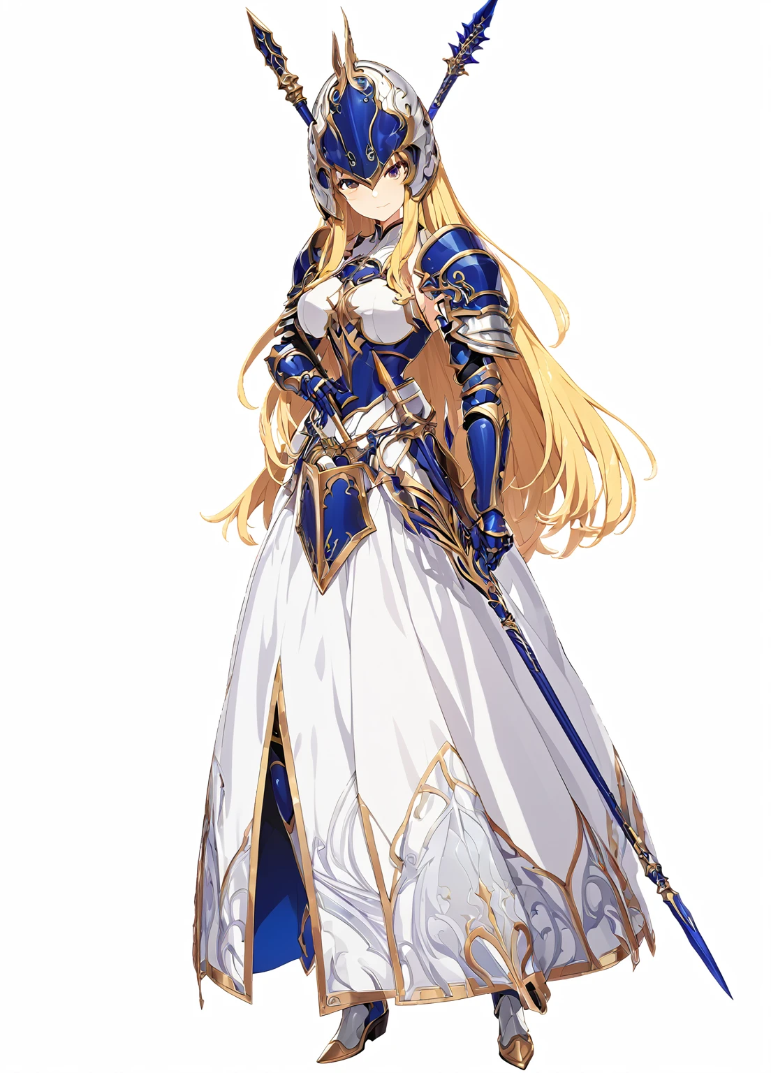 high quality, high resolution, high qualityのゲームアートスタイル, whole body,Valkyrie,perfect hand,Official Art, Smooth game CG art, Visual Novel Sprites, White background,Smooth game CG art, (((Woman with a long spear))),Woman wearing a white dress and blue armor, An intricately designed helmet with white feathers,Small shield, (((In his right hand he holds an elaborate long spear))),Exquisite Blue Armor,Golden Hair, long hair, female knight, Rin々Shii,Large Bust,20-year-old,