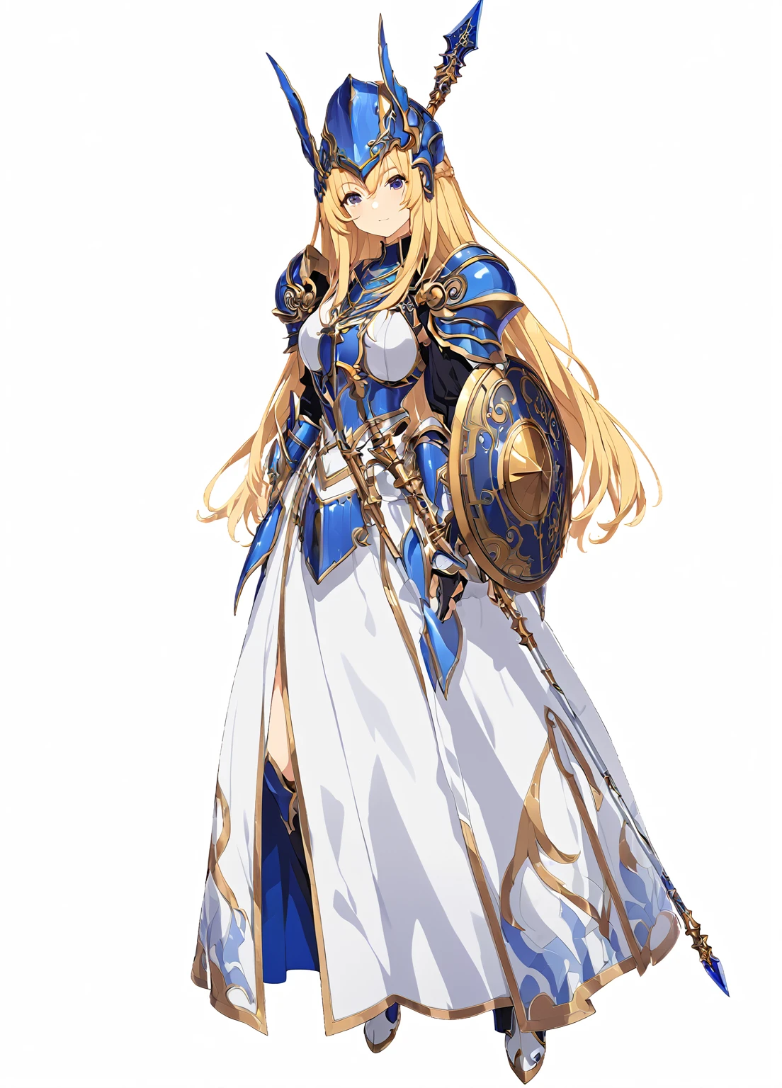high quality, high resolution, high qualityのゲームアートスタイル, whole body,Valkyrie,perfect hand,Official Art, Smooth game CG art, Visual Novel Sprites, White background,Smooth game CG art, (((Woman with a long spear))),Woman wearing a white dress and blue armor, An intricately designed helmet with white feathers,Small shield, (((In his right hand he holds an elaborate long spear))),Exquisite Blue Armor,Golden Hair, long hair, female knight, Rin々Shii,Large Bust,20-year-old,