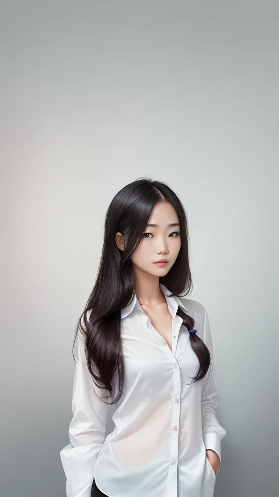 Best Quality, 8k, Masterpiece, (Portrait: 1.3), (photo realistic:1.4), (hyper realistic:1.4), Sharp Focus, looking at viewer, (smoother lighting:1.1), (increase cinematic lighting quality:0.9), realistic lighting, backlighting, light on face, ray trace, (brightening light:1.2), (Increase quality:1.4), sharp detail, (best quality real texture skin:1.4), finely detailed eyes, black_eyes, finely detailed face, 25 year old Korean woman, (white formal_shirt:1.4), (Create an image maintaining the original base model hairstyle:1.5)