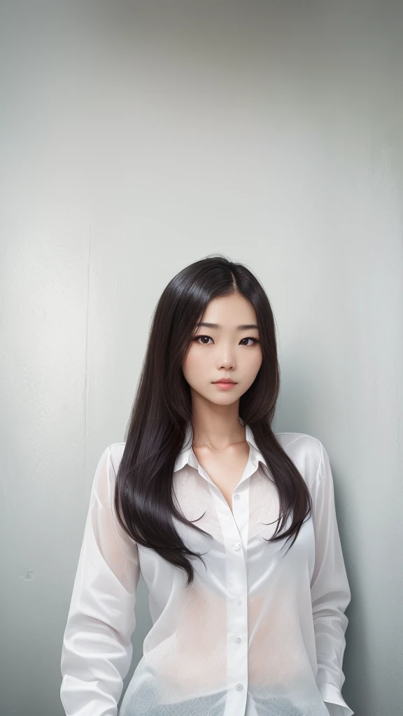 Best Quality, 8k, Masterpiece, (Portrait: 1.3), (photo realistic:1.4), (hyper realistic:1.4), Sharp Focus, looking at viewer, (smoother lighting:1.1), (increase cinematic lighting quality:0.9), realistic lighting, backlighting, light on face, ray trace, (brightening light:1.2), (Increase quality:1.4), sharp detail, (best quality real texture skin:1.4), finely detailed eyes, black_eyes, finely detailed face, 25 year old Korean woman, (white formal_shirt:1.4), (Create an image maintaining the original base model hairstyle:1.5)